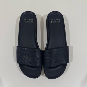 Donald J. Pliner Navy Metallic Slide Flats